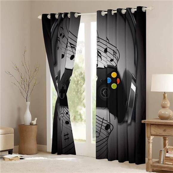 Games Curtains Black Grey Headphones Musical Notes Design Gamepad Window Curtain - Picture 3 of 7
